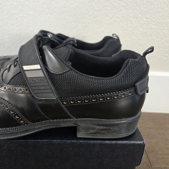 PRADA Black Leather Hook & Loop Men's Wingtin Brogues Oxfords Italy 12US - Picture 7 of 11